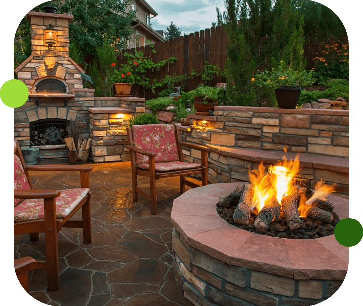 Amazing Backyard With Pizza Oven and Fire